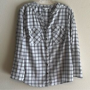 EUC Notations White w/ Black Stripe Checkered Blouse Top Shirt SZ M